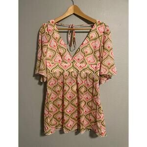 Trina Turk Womens Tunic Size 10 Silk Blend Chiffon Geometric Sheer Babydoll NWT